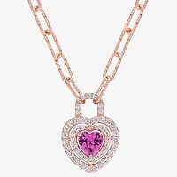 Womens Lab Created Pink Sapphire 18K Rose Gold Over Silver Heart 16 Inch Pendant Necklace
