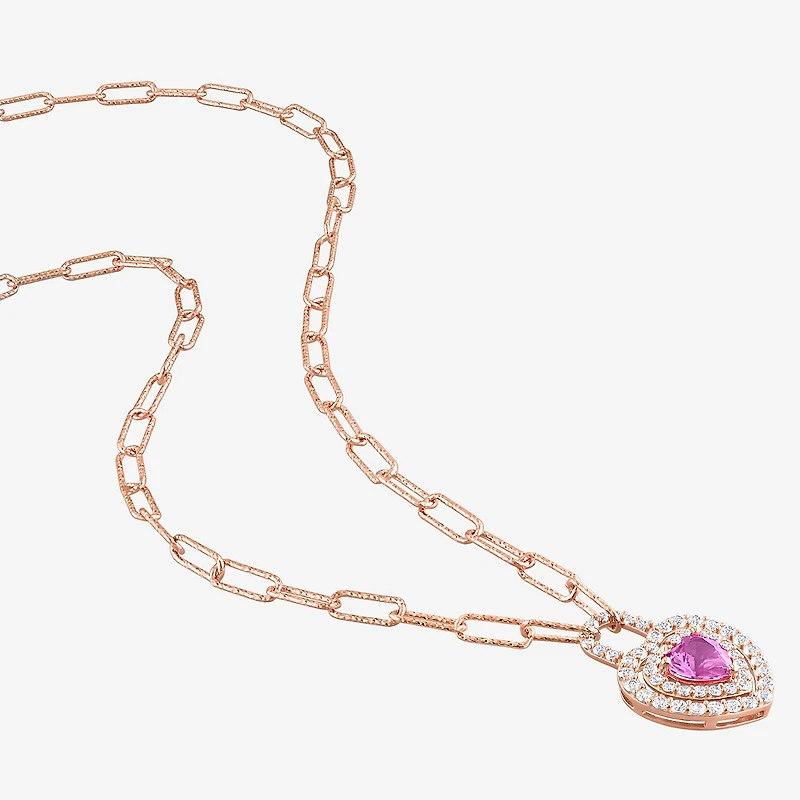 Womens Lab Created Pink Sapphire 18K Rose Gold Over Silver Heart 16 Inch Pendant Necklace