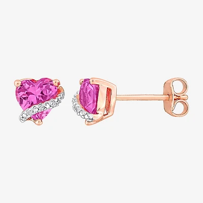 Diamond Accent Lab Created Pink Sapphire 18K Rose Gold Over Silver 6.8mm Heart Stud Earrings