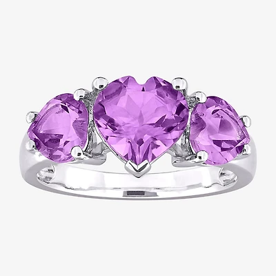 Womens Gemstone Sterling Silver Heart 3-Stone Cocktail Ring