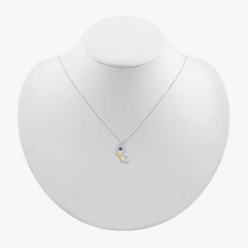 Womens Genuine Purple Amethyst 10K Gold Sterling Silver Butterfly 18 Inch Pendant Necklace