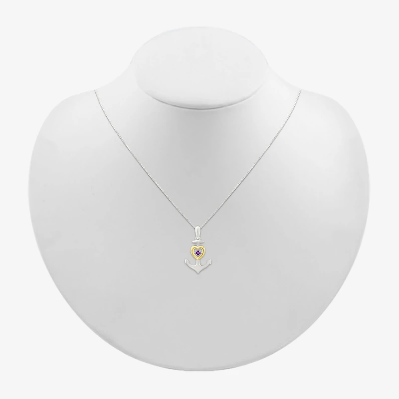 Womens Genuine Purple Amethyst 10K Gold Sterling Silver Anchor 18 Inch Pendant Necklace