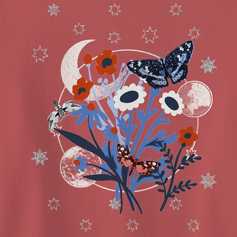 Americana Butterfly Baby Tee Womens Juniors Crew Neck Short Sleeve Fitted Graphic T-Shirt