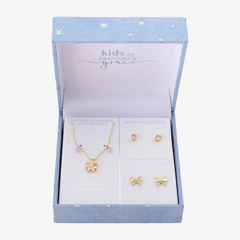 Gratitude & Grace Girls Pink Cubic Zirconia 14K Gold Over Brass Bow 3-pc. Jewelry Set