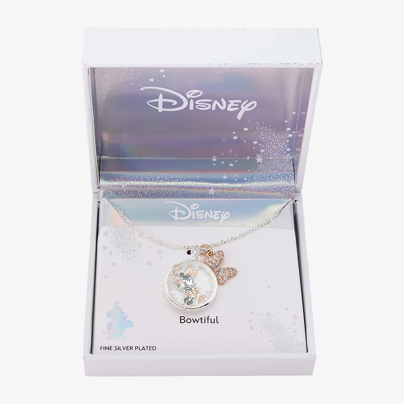 Disney Classics Womens Cubic Zirconia 14k Rose Gold Over Brass Pure Silver Over Brass Bow 16 Inch Pendant Necklace