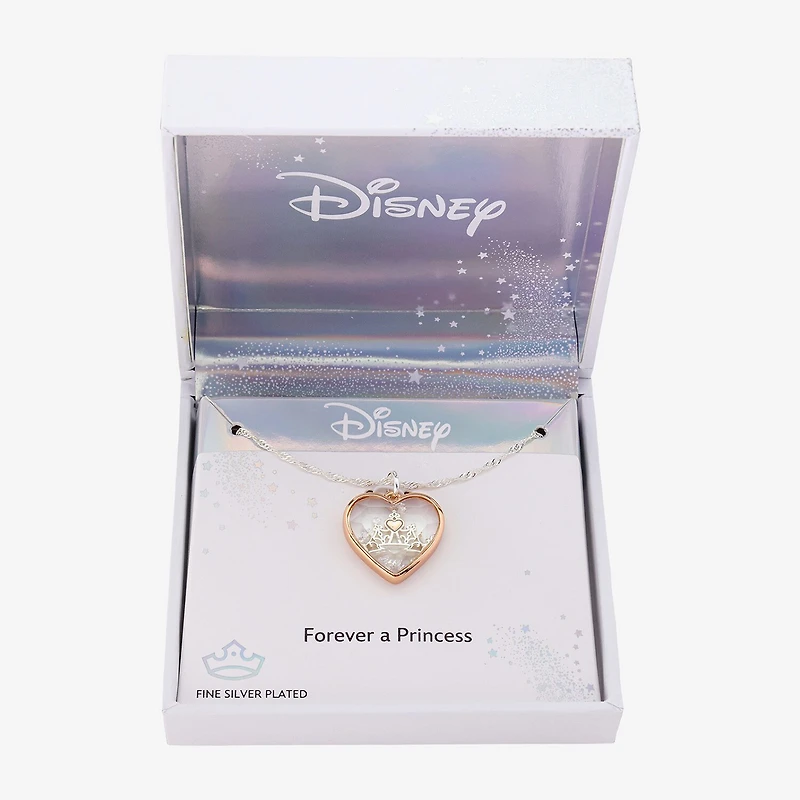 Disney Classics Womens Cubic Zirconia 14k Rose Gold Over Brass Pure Silver Over Brass Crown Heart 16 Inch Pendant Necklace