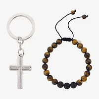 J.P. Army Bolo Beaded Bracelet & Keychain Mens Genuine Brown Tiger's Eye Stainless Steel Cross 2-pc. Jewelry Set