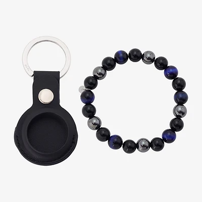 J.P. Army Beaded Bracelet & Air Tag Keychain Mens Genuine Black Agate Stainless Steel 2-pc. Jewelry Set
