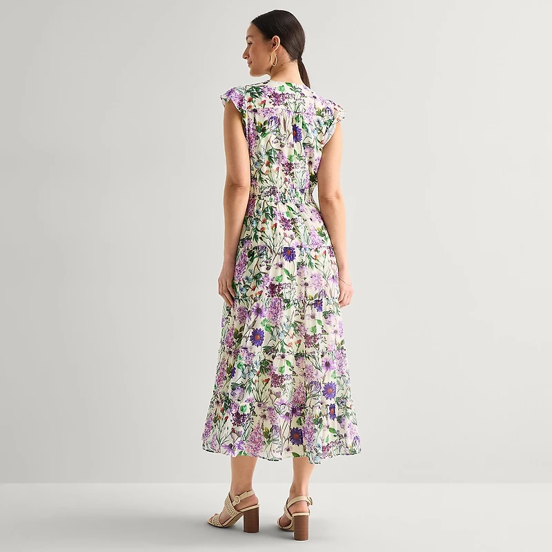 MSK Womens Petite V Neck Sleeveless Flutter Maxi Dress