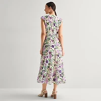 MSK Womens Petite V Neck Sleeveless Flutter Maxi Dress