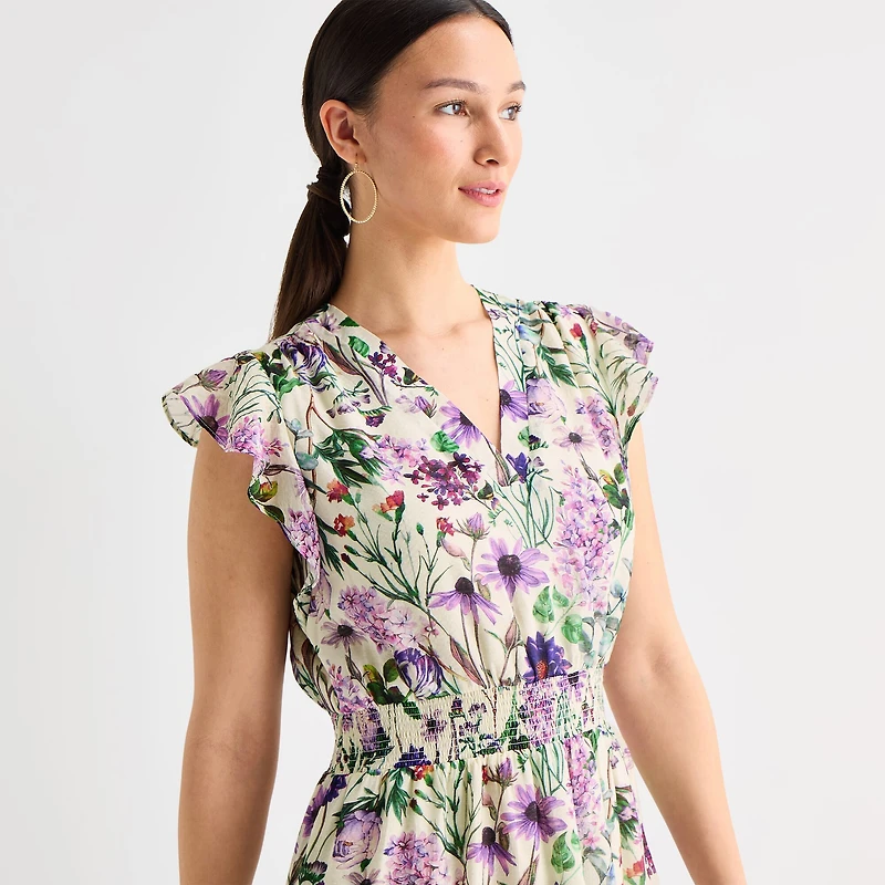 MSK Womens Petite V Neck Sleeveless Flutter Maxi Dress