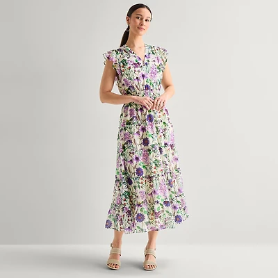 MSK Womens Petite V Neck Sleeveless Flutter Maxi Dress