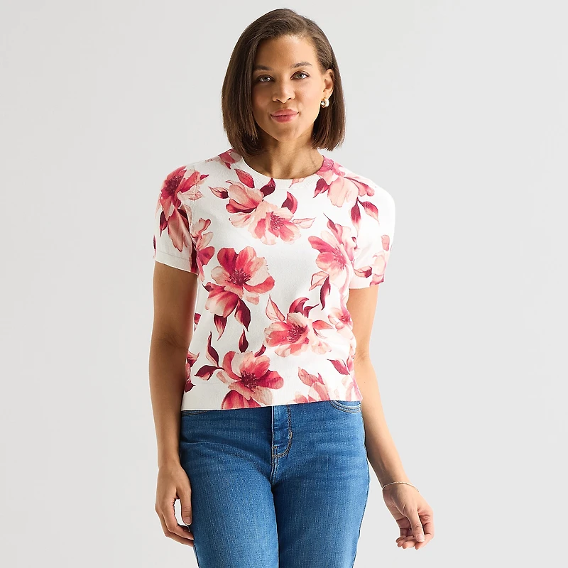 Liz Claiborne Womens Crew Neck Short Sleeve Pullover Sweater
