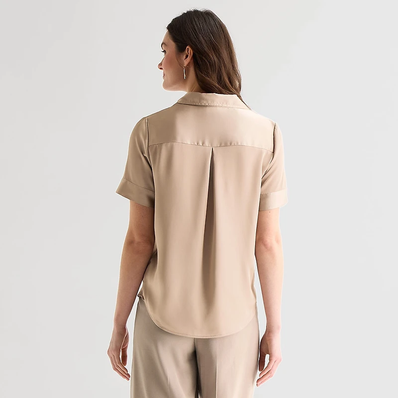 Worthington Womens Cuffed Short Sleeve Slim Fit Button-Down Shirt