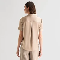 Worthington Womens Cuffed Short Sleeve Slim Fit Button-Down Shirt