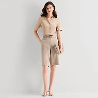 Worthington Womens Cuffed Short Sleeve Slim Fit Button-Down Shirt