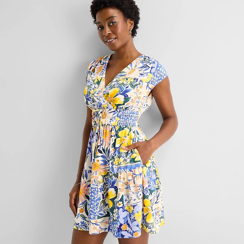Be by CHETTA B Womens V Neck Sleeveless Drop Shoulder Floral Fit + Flare Dress