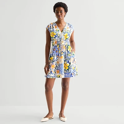 Be by CHETTA B Womens V Neck Sleeveless Drop Shoulder Floral Fit + Flare Dress