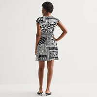 Be by CHETTA B Womens V Neck Short Sleeve Patchwork Fit + Flare Dress