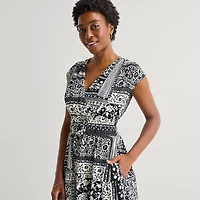 Be by CHETTA B Womens V Neck Short Sleeve Patchwork Fit + Flare Dress
