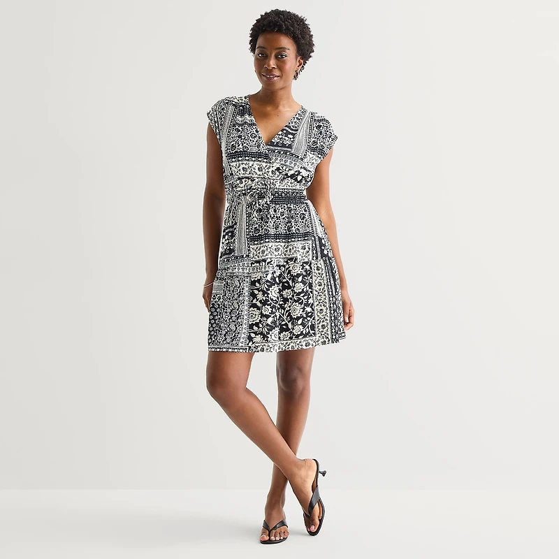 Be by CHETTA B Womens V Neck Short Sleeve Patchwork Fit + Flare Dress