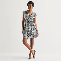 Be by CHETTA B Womens V Neck Short Sleeve Patchwork Fit + Flare Dress