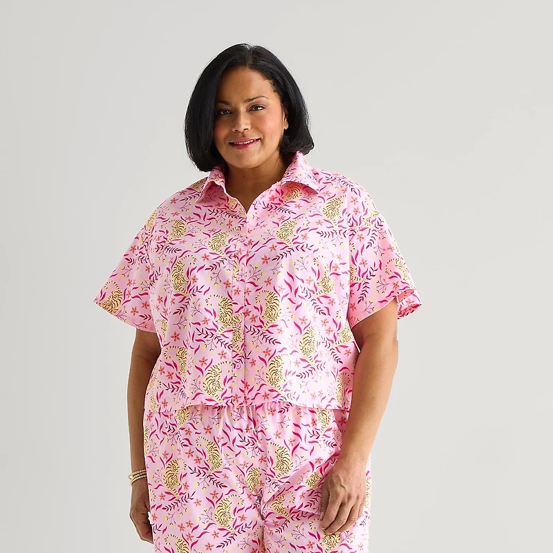 Hope & Wonder Women's History Month Tiger Printed Short Sleeve Classic Fit Plus Pajama Top
