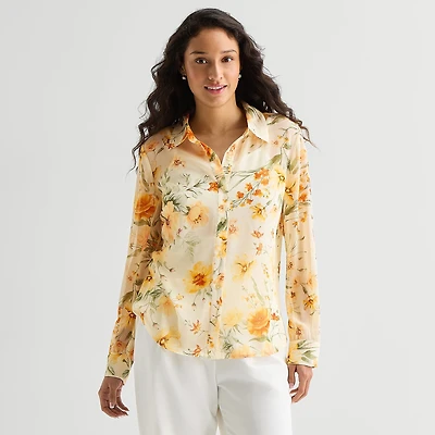 by&by Womens Juniors Cuffed Long Sleeve Regular Fit Button-Down Shirt
