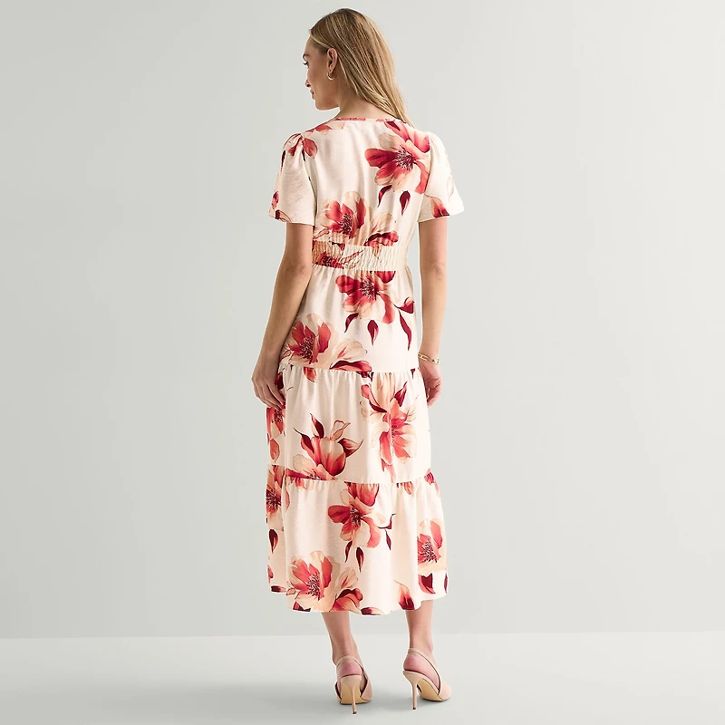 Liz Claiborne Womens Midi Split Crew Neck Short Sleeve Floral Peasant Dress
