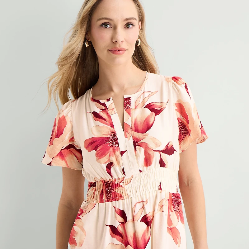 Liz Claiborne Womens Midi Split Crew Neck Short Sleeve Floral Peasant Dress