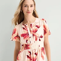 Liz Claiborne Womens Midi Split Crew Neck Short Sleeve Floral Peasant Dress