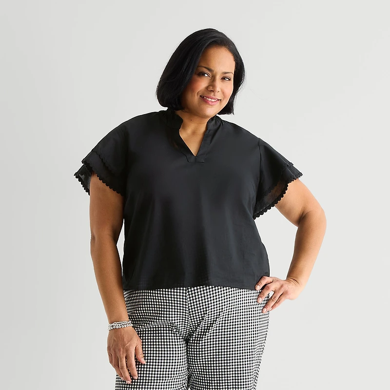 Liz Claiborne Womens Plus V Neck Short Sleeve Blouse