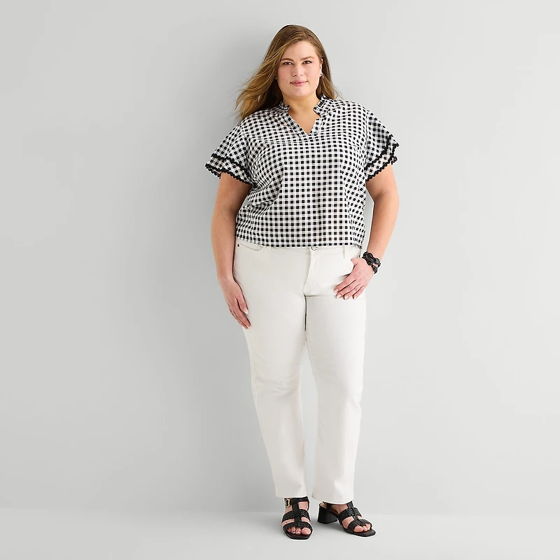 Liz Claiborne Womens Plus V Neck Short Sleeve Blouse
