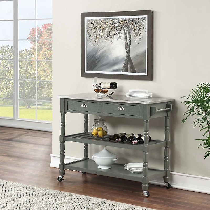 French Country Stainless Steel Counter Top Kitchen Cart with Wine Rack