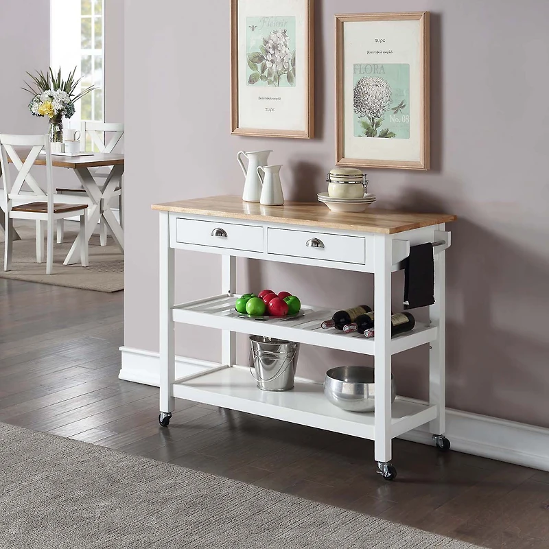French Country Butcher Block Counter Top Kitchen Cart with Wine Rack