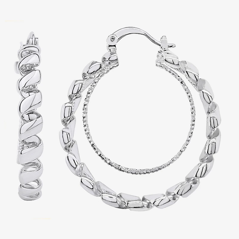 Silver Reflections Double Womens 38mm Hoop Earrings