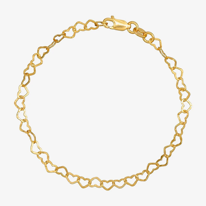 Made in Italy Womens 24K Gold Over Silver 7.5 Inch Solid Link Heart Chain Bracelet