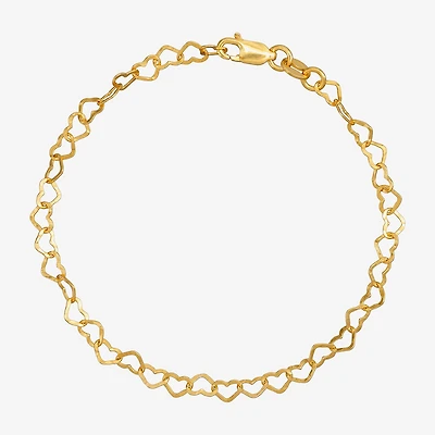 Made in Italy Womens 24K Gold Over Silver 7.5 Inch Solid Link Heart Chain Bracelet