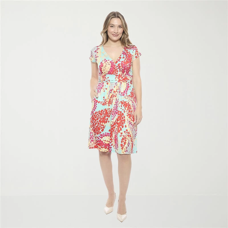24seven Comfort Apparel Womens V Neck Short Sleeve Abstract A-Line Dress