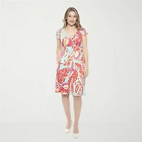 24seven Comfort Apparel Womens V Neck Short Sleeve Abstract A-Line Dress