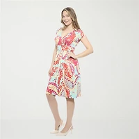 24seven Comfort Apparel Womens V Neck Short Sleeve Abstract A-Line Dress