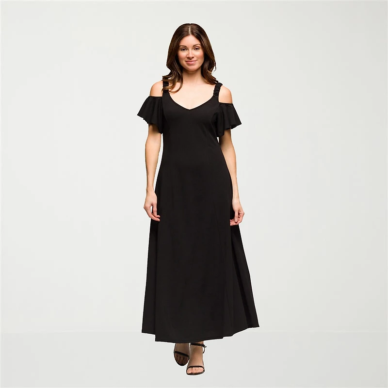 24seven Comfort Apparel Womens V Neck Short Sleeve Cold Shoulder Maxi Dress
