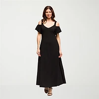 24seven Comfort Apparel Womens V Neck Short Sleeve Cold Shoulder Maxi Dress