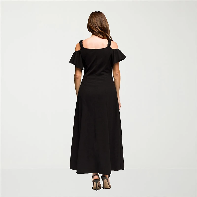 24seven Comfort Apparel Womens V Neck Short Sleeve Cold Shoulder Maxi Dress