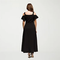 24seven Comfort Apparel Womens V Neck Short Sleeve Cold Shoulder Maxi Dress