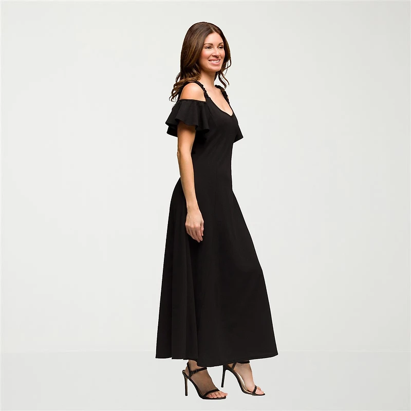 24seven Comfort Apparel Womens V Neck Short Sleeve Cold Shoulder Maxi Dress