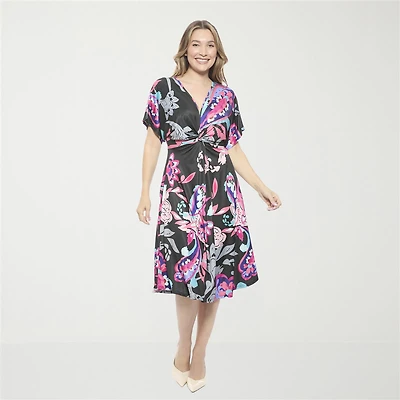 24seven Comfort Apparel Womens Short Sleeve Paisley Midi Wrap Dress