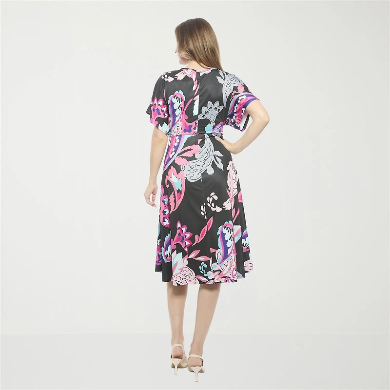 24seven Comfort Apparel Womens Short Sleeve Paisley Midi Wrap Dress