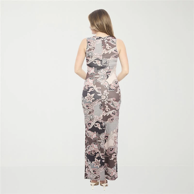 24seven Comfort Apparel Womens Round Neck Sleeveless Casual Paisley Bodycon Dress