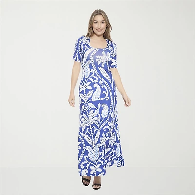 24seven Comfort Apparel Womens Scoop Neck Elbow Sleeve Maxi Dress